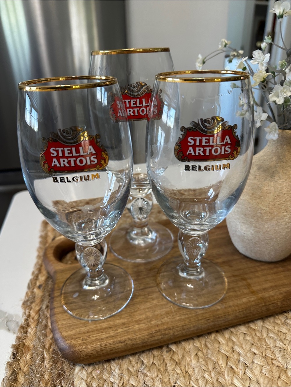 Stella Lovers 3 Gold-Rimmed Belgium Beer Glass -Two large One Extra Large